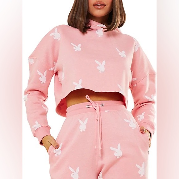 MISSGUIDED - PLAYBOY - Cropped Pink & White Hoodie - Picture 8 of 9